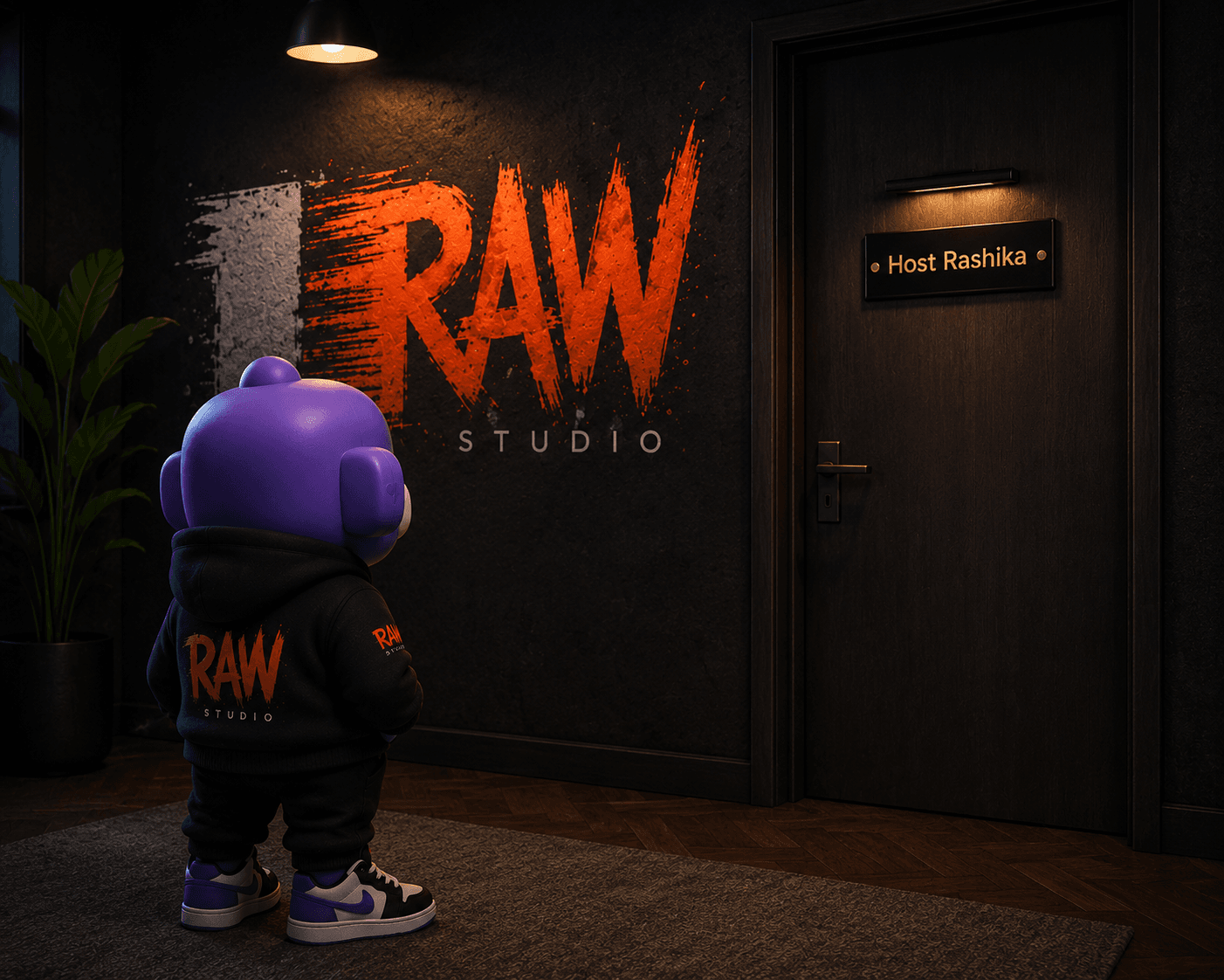 RAW Studio mascot approaching Host Rashika's room